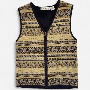 Vintage Retro Chaus Acrylic & Wool Zippered Vest Tan Black Paisley Print
